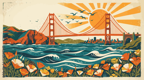Golden Gate Bridge California Coastline with Poppies and Sunny Sky