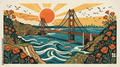 Golden Gate Bridge San Francisco Sunset Illustration with Poppies and Seagulls