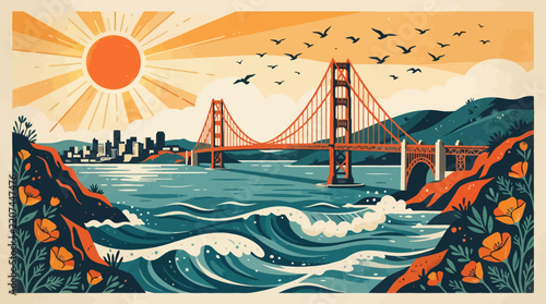 Golden Gate Bridge Sunrise Scenic View with City Skyline and Ocean Waves