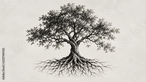 Black and White Tree Drawing with Visible Roots, Hand Drawn Botanical Illustration, Nature, Growth and Root System Concept