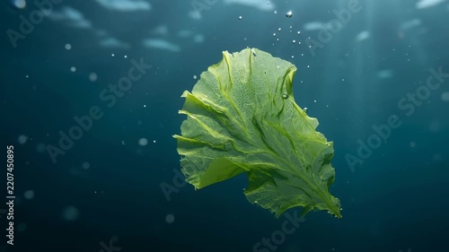 Lettuce Leaf Underwater in Natural Marine Environment with Seaweed, Sunlight, Air Bubbles, and Floating Particles Supporting Surreal Life Scene