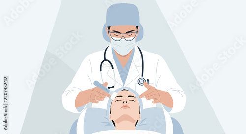 Surgeon performs cosmetic procedure on patient isolated on transparent background