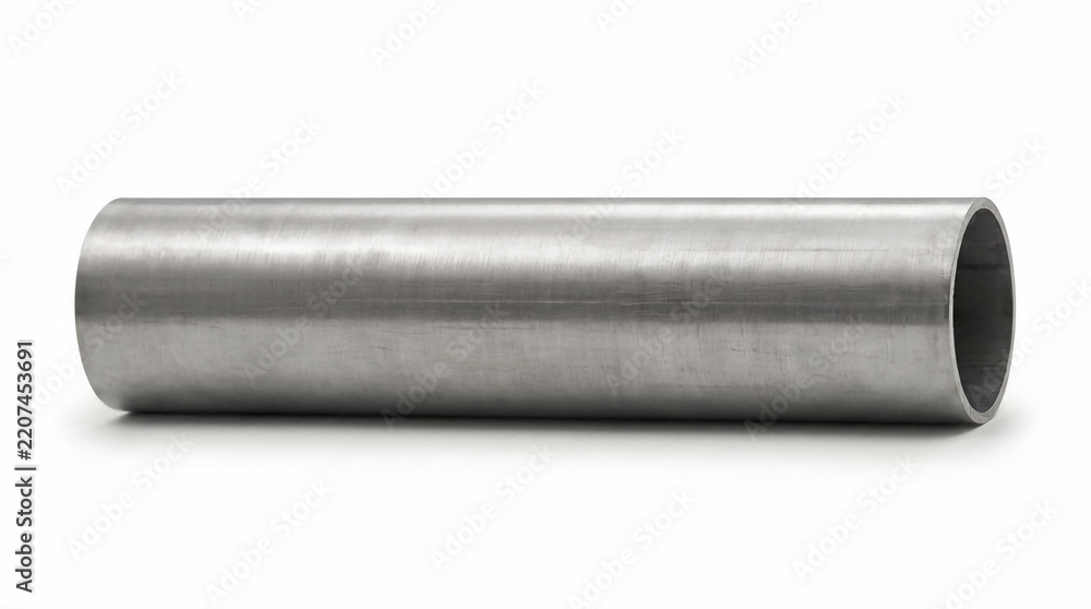 Fototapeta premium Single hollow stainless steel pipe industrial cylindrical metal tube hardware component for plumbing and engineering isolated on white background