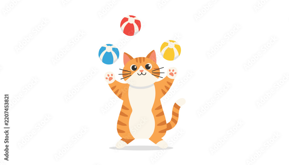 Fototapeta premium Cute cartoon ginger tabby cat joyfully juggles three colorful striped beach balls against a plain white background.