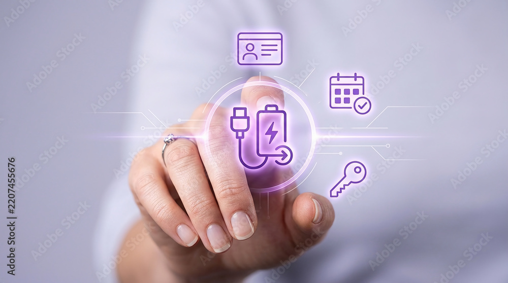 Obraz premium Digital Interface Concept with Battery Charging Icon and Security Symbols for Energy Management and Smart Technology Solutions in Business Environment