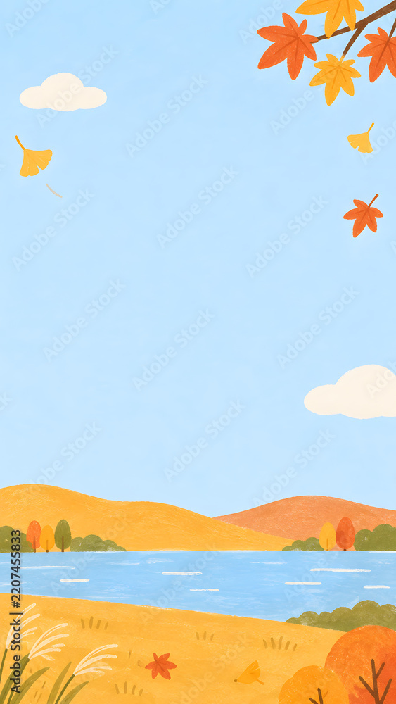 Obraz premium Autumn lake landscape illustration with orange hills, falling maple and ginkgo leaves, pampas grass and blue sky, vertical background