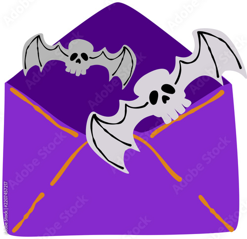 Cute Halloween bat popping out of a purple envelope with a spooky message illustration