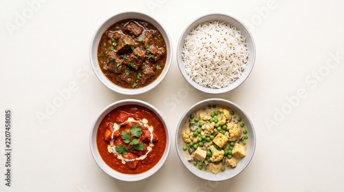 Assorted bowls of savory indian curry with tender meat chunks and creamy sauce alongside portions of fluffy rice and healthy vegetable preparations for a traditional feast or hearty family