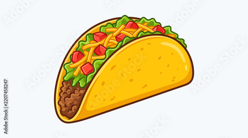 Colorful cartoon taco with beef, cheese and fresh toppings.
