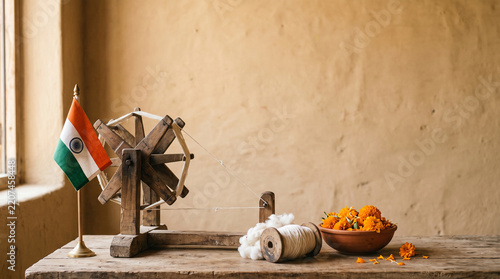 indian flag and traditional wooden spinning wheel charkha with marigold flowers
