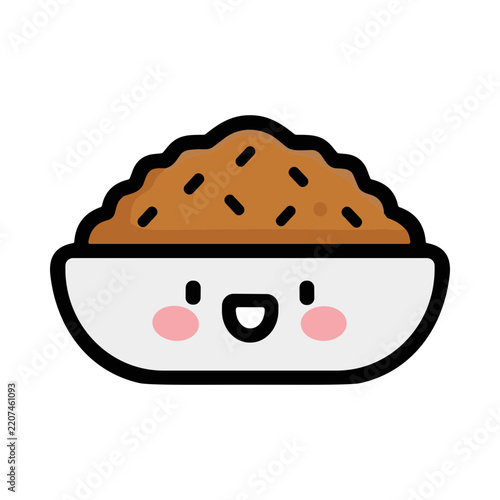 Cute Cartoon Bowl of Rice with Happy Face and Garnish in Whimsical Style