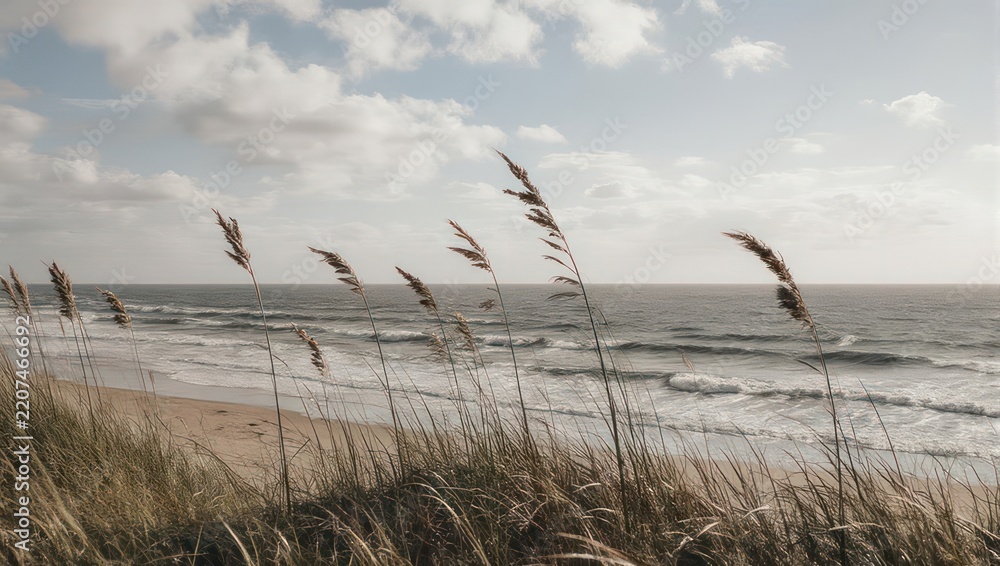 Obraz premium Coastal Serenity - Sea Oats Swaying on a Sandy Beach.