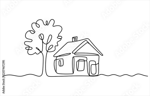 Minimalist continuous line drawing of a simple house and a tree