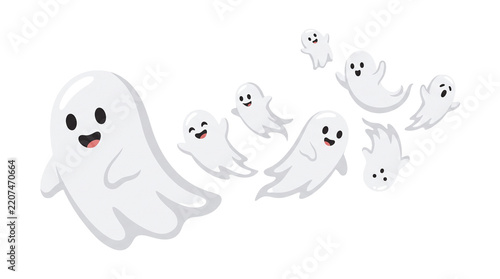 Cute cartoon ghosts flying in a group with happy expressions for Halloween celebration. png