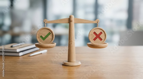 Wooden scales display a checkmark versus a crossmark, symbolizing ethical choices, decision-making, weighing pros and cons for justice.