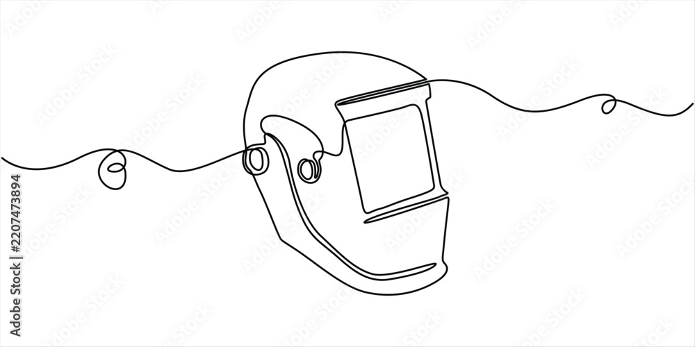 Obraz premium Continuous one line of a welding mask, industrial eye and face protection theme, hand drawn vector illustration. 