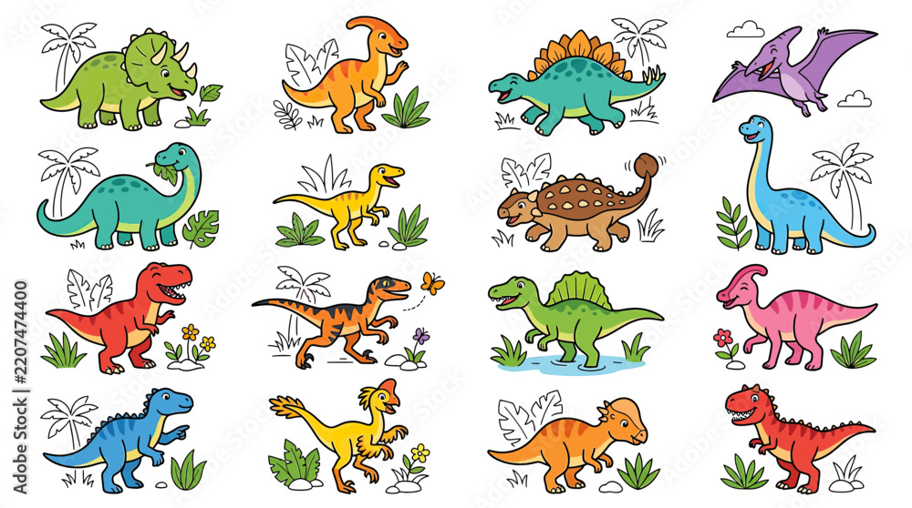 Obraz premium Cute Cartoon Dinosaur Collection Isolated
