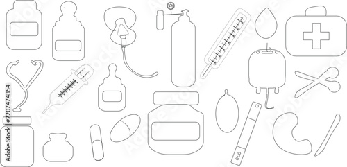 Set of medical equipment line art outline elements featuring syringe, first aid kit, blood bag, stethoscope, thermometer, and pills vector illustration