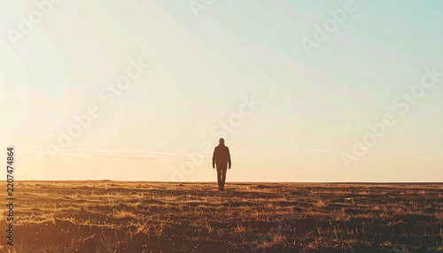 Lone Silhouette Figure Walking on Golden Grassland at Sunset Warm Light Natural Background Journey Concept