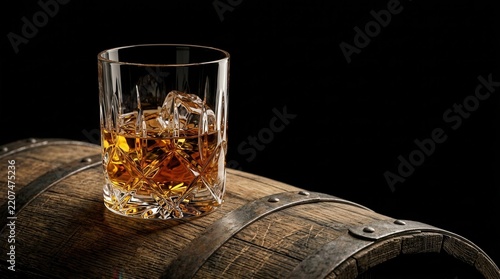 Glass of whiskey on wooden barrel against dark background with space for text