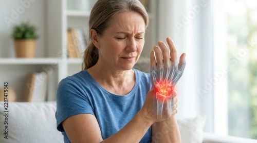 Mature woman experiencing wrist pain while at home
