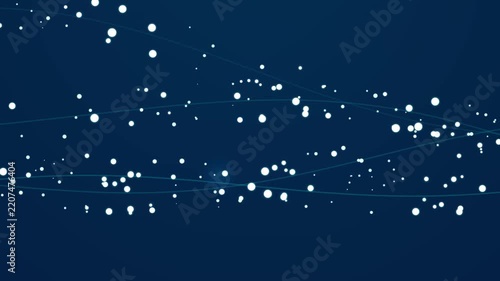 Abstract flowing particles and light streaks on a deep blue digital network background, representing data transfer and connectivity