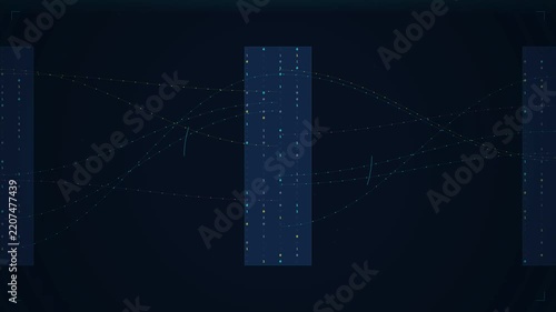 Data transfer between two abstract digital blocks on a dark blue background with glowing particles and connecting lines, representing network connection or information flow