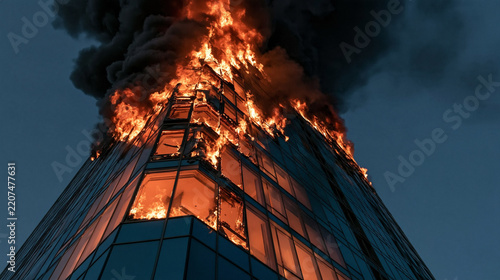 Skyscraper Engulfed in Flames: A modern glass skyscraper is consumed by raging infernos and billowing smoke, a dramatic scene of destruction against the twilight sky.