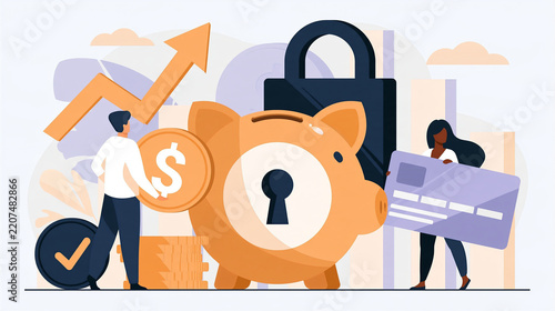 Securing Finances: Illustration depicting financial security with a piggy bank, lock, credit card, and growth chart.