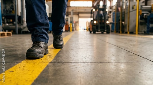 Industrial worker walking in safety boots on factory floor safety line, representing workplace safety and operational efficiency.