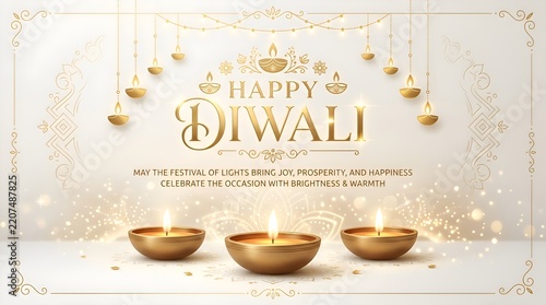 Happy Diwali Golden Decorative Lights and Oil Lamps