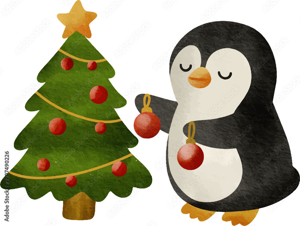 Fototapeta premium Cute cartoon penguin decorating a Christmas tree with red ornaments watercolor style isolated on white background festive holiday illustration
