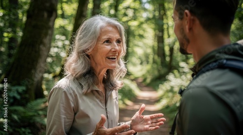 Elderly Woman Engaging in Lively Conversation with Companion on Sunlit Forest Path, Dappled Light Through Lush Greenery, Warm Smiles and Gestures, Natural Harmony and Connection