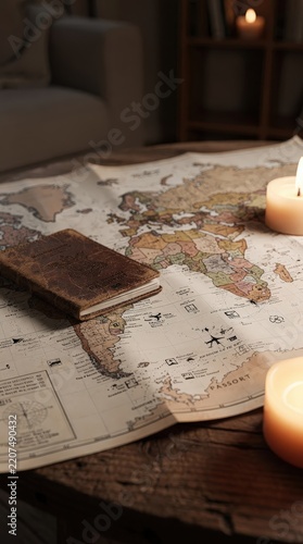 Vintage World Map with Leather-Bound Journal and Lit Candles on Wooden Table in Cozy Living Room, Warm Ambient Lighting, Soft Shadows, Earthy Tones, Capturing Nostalgia and Wanderlust