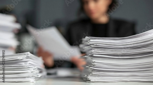 Paperwork Overload: A blurred background shows a focused individual amidst towering stacks of documents, symbolizing the overwhelming nature of administrative tasks and deadlines.