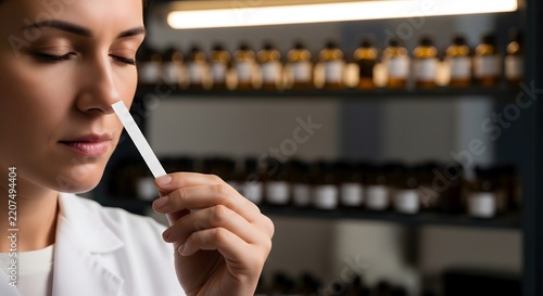 Perfumer testing fragrance scent with paper strip in chemical laboratory