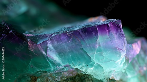 Macro shot of a translucent purple and blue fluorite crystal specimen.