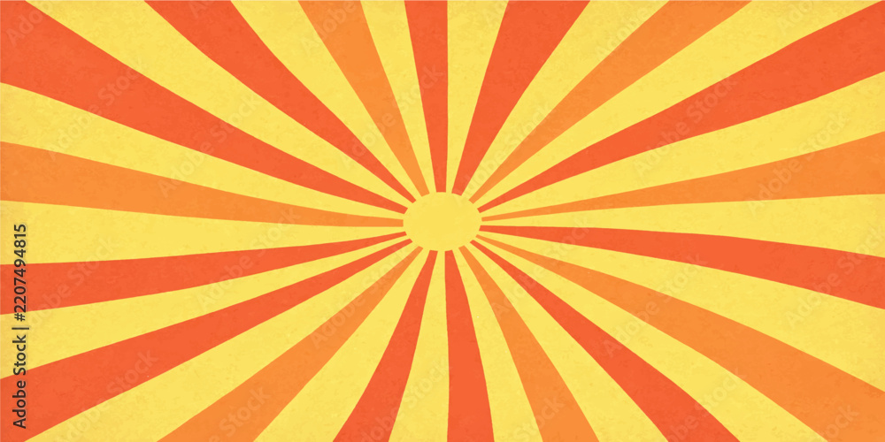 Obraz premium Retro Grunge Sunburst Background with Radiating Orange and Yellow Rays, Vintage Vector Illustration, Abstract Light Beam Pattern, Textured Summer Wallpaper and Sunrise Design