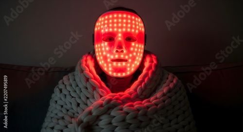 Person wearing a red LED light therapy mask for skincare treatment