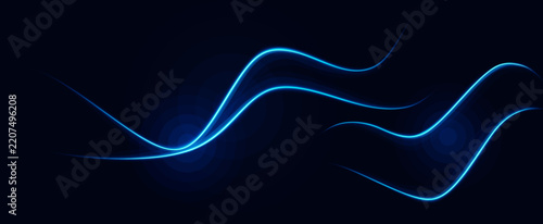 Abstract dark background with flowing electric blue neon light waves
