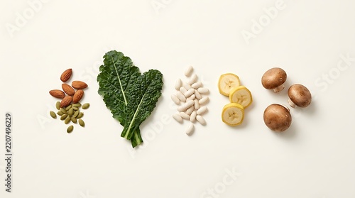 A selection of whole food ingredients with high mineral content food values laid out on a clean white kitchen background