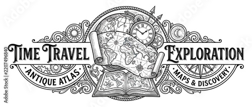 Vintage Time Travel Exploration Logo with Maps and Globe
