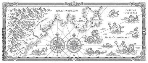 Vintage Style Fantasy Map with Sea Creatures and Compasses