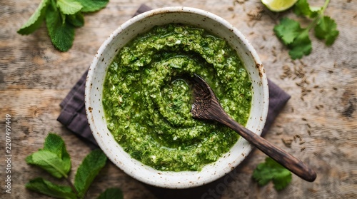 Fresh homemade green herb chutney in a rustic bowl.