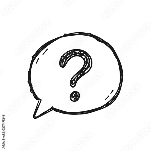 Doodle style question mark speech bubble icon logo design. Hand drawn query symbol and ask sign. Playful sketch question icon. Support and FAQ.