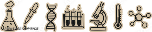 Science laboratory chemistry research scrapbook doodle sticker icon set. hand drawn flask, dropper, dna helix, test tubes, microscope, thermometer, and molecule elements