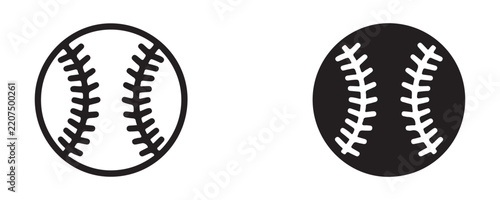 Set of black outline and solid baseball icons with textured stitching lines for sports logo branding.