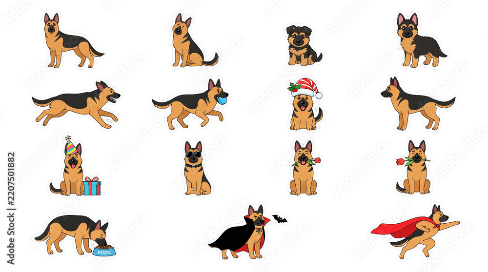 Fototapeta premium German Shepherd Dog Vector Set, 15 Character Poses and Festive Themes Grid Clipart Isolated on Transparent Background PNG