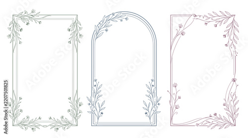 Set of elegant floral frames with botanical elements, handdrawn line art style, decorative rectangular and arched borders for wedding invitations and greeting cards