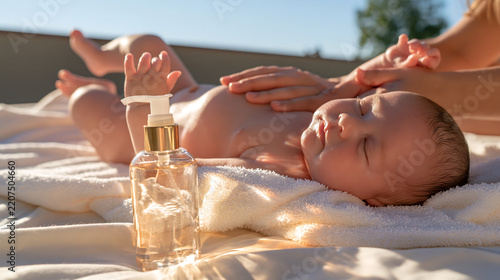 happy smiling baby with curly hair lying on white bed beside a bottle of natural baby oil in soft morning light representing gentle skin care and parenting
